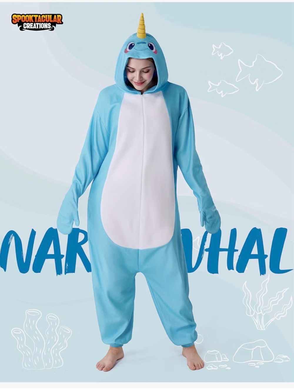 Narwhal Hooded costume- Light Blue - Picture 2 of 2